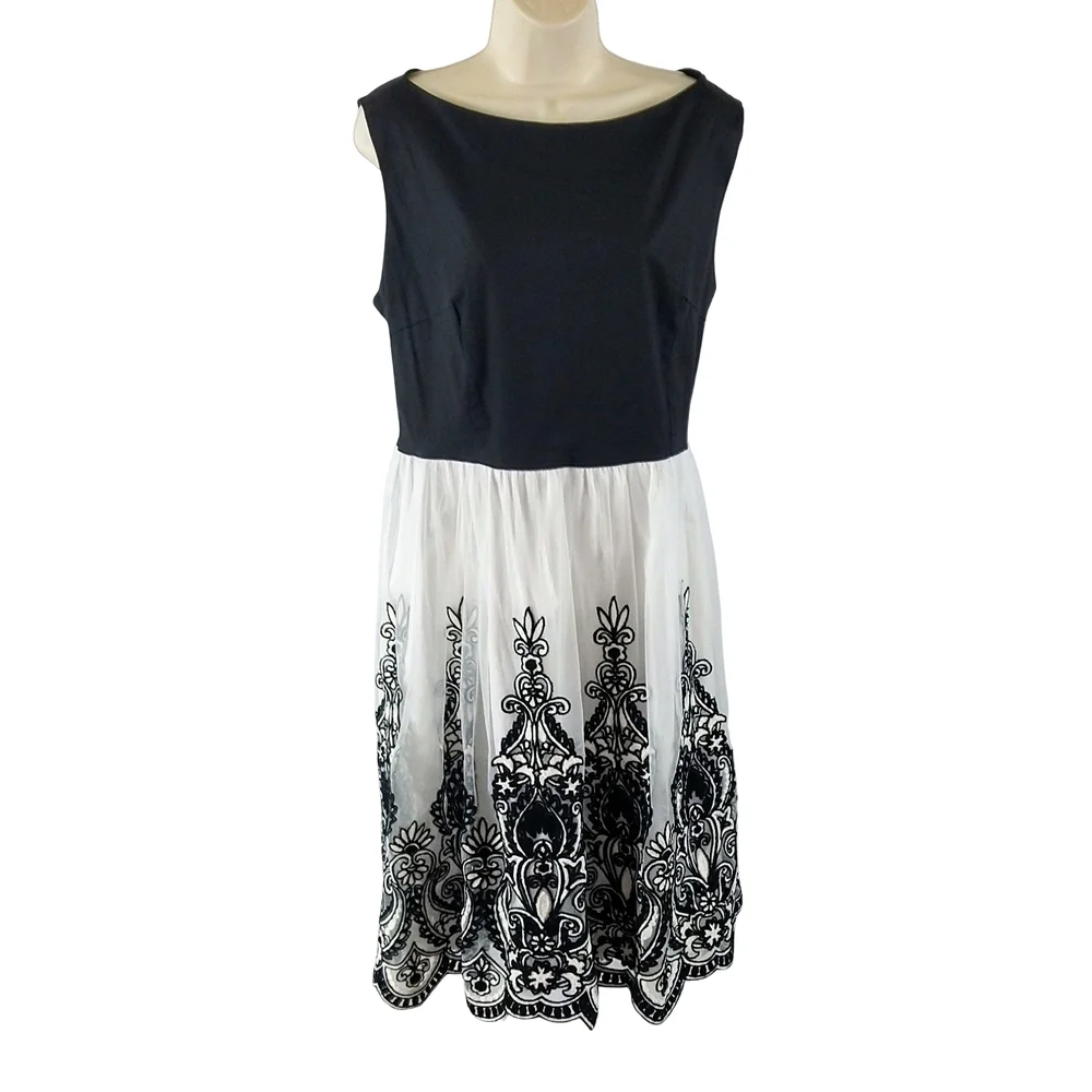 Chic Black and White Flocked  Midi Dress